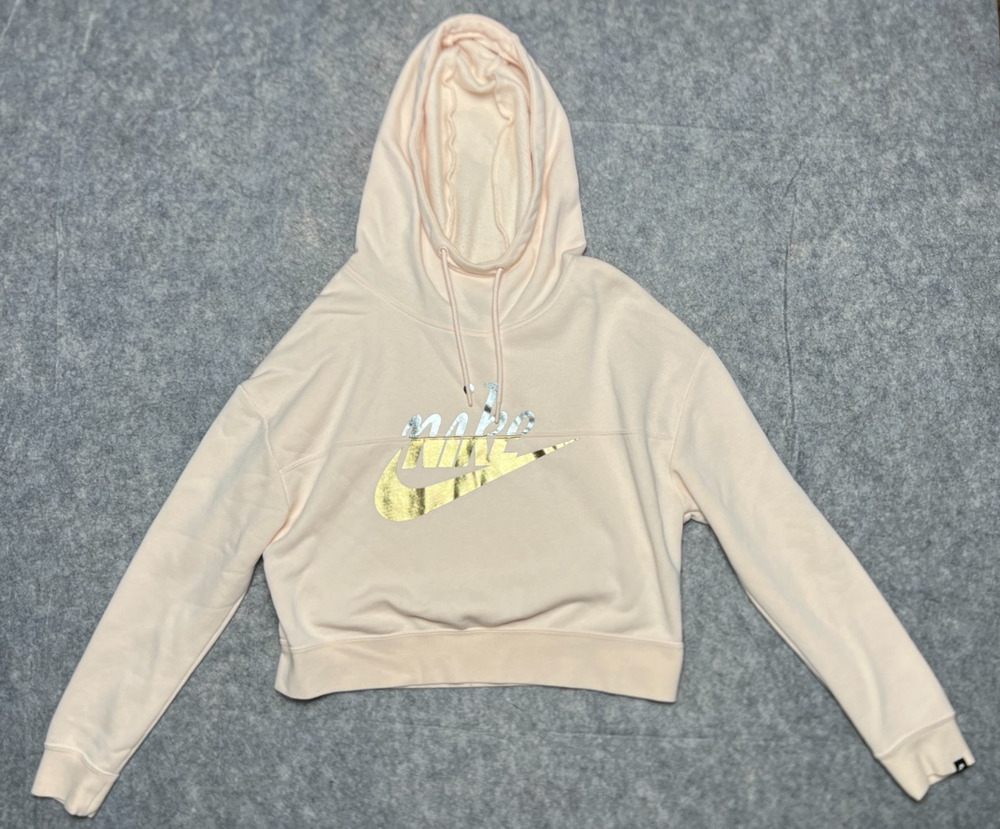 Nike Light Pink Metallic Swoosh Logo Pullover Cropped Hoodie Womenโs Size XS
